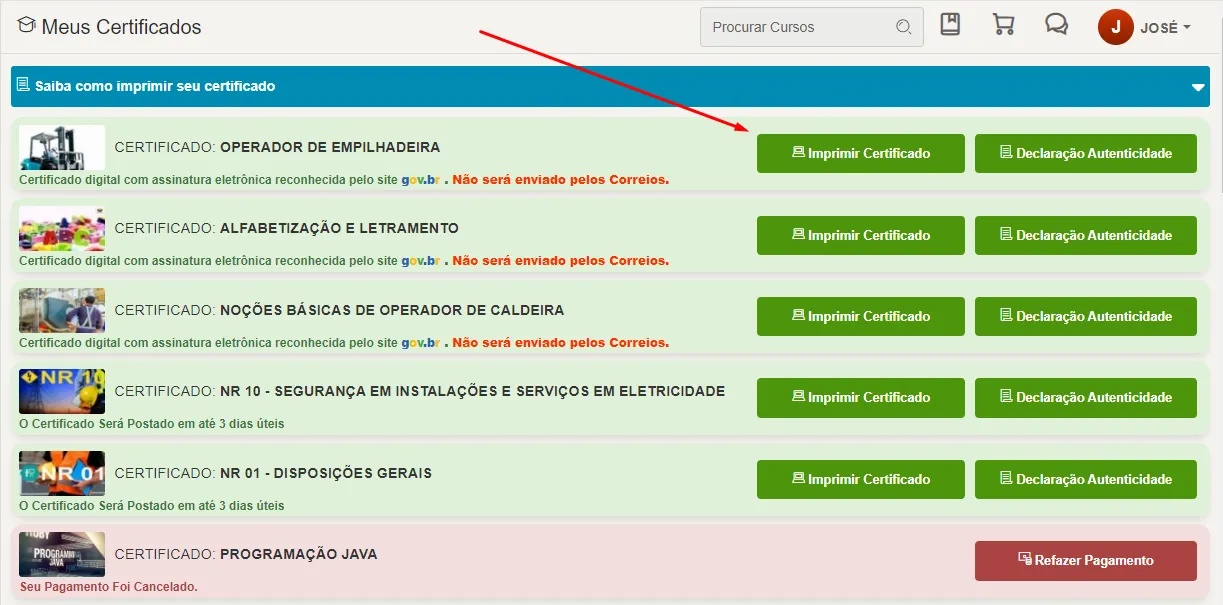 Seção Meus Certificados